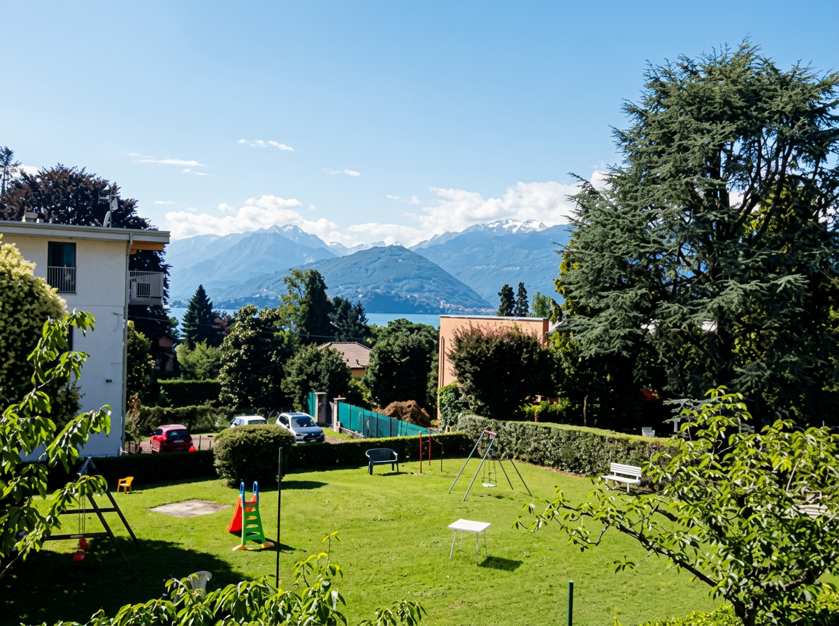 Giardino condominiale sottostante con vista lago